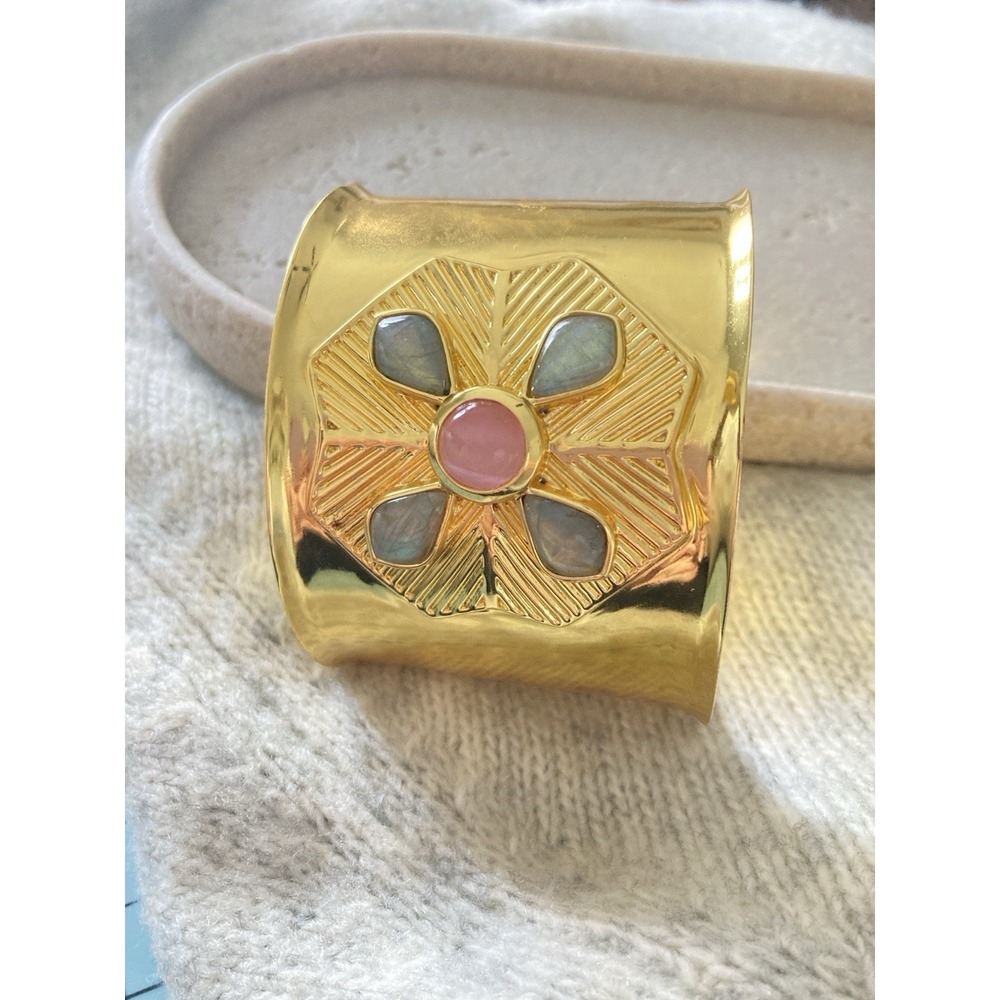 Gold Tone Wide Cuff Bracelet Pink Cabochon Faux Shell Chunky Couture Statement